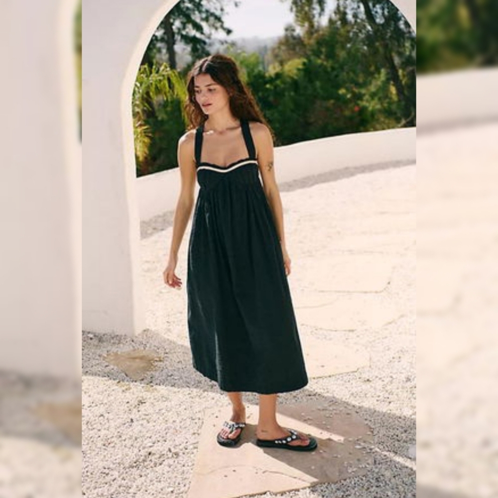 Free People Free-est Poppy Midi Dress Cotton Seersucker Black Women's